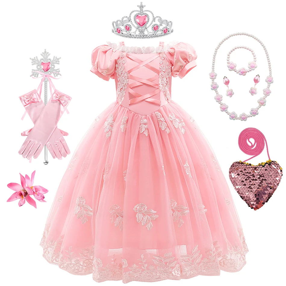 Girls Rapunzel Pink Princess Dress Kids Cosplay Costume Children Birthday Carnival Halloween Party Floral Print Disguise Gown image 6