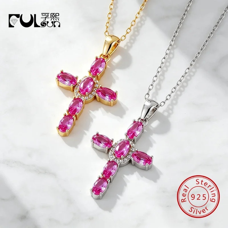 Collier chaîne en argent sterling 925 avec pendentif croix ovale en zircon rose, bijou délicat et coloré pour femme, symbole de foi chrétienne