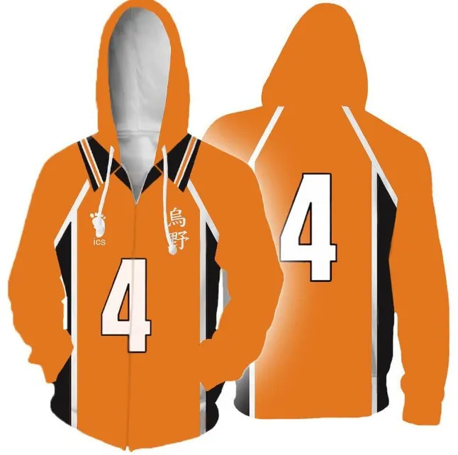 Anime Haikyuu Karasuno Hoodies Hinata Shoyo Sweatshirt Tobio Kageyama Cosplay Hooded Unisex Jacket Zipper Hoody Clothes Coat