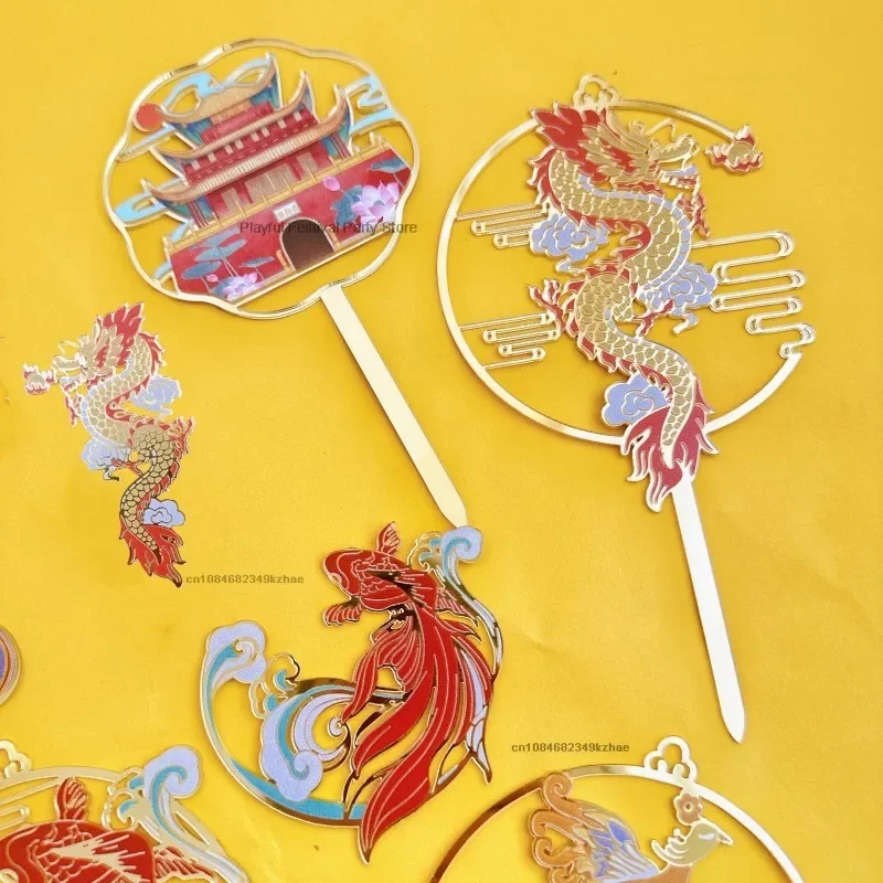 1Pc Colorful 2024 Cake Toppers Gift Dragon Phoenix Festival Favors Happy New Year Festival Party Cupcake Decorations