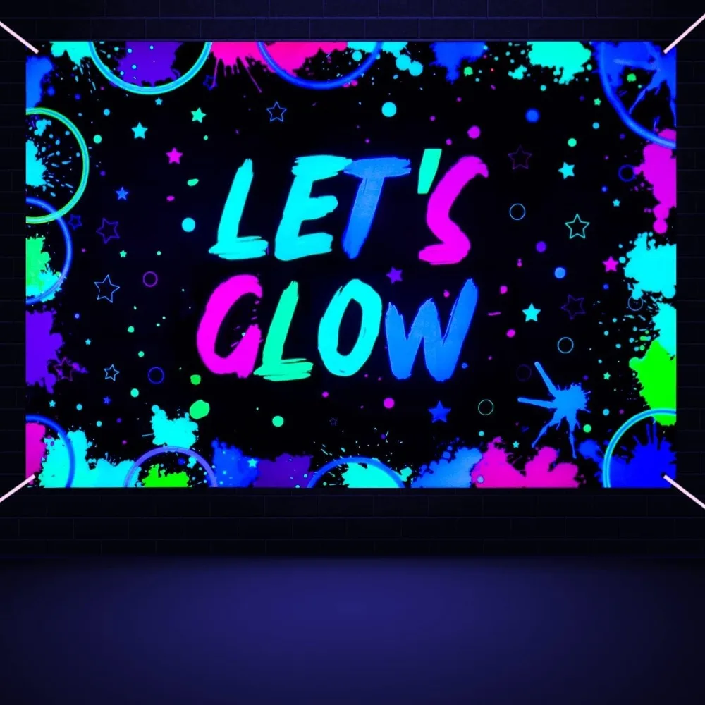 

Glow Neon Birthday Backdrop - Let's Glow Banner for Black Light Themed Party Photography Background, Splatter Paint Photo Booth,