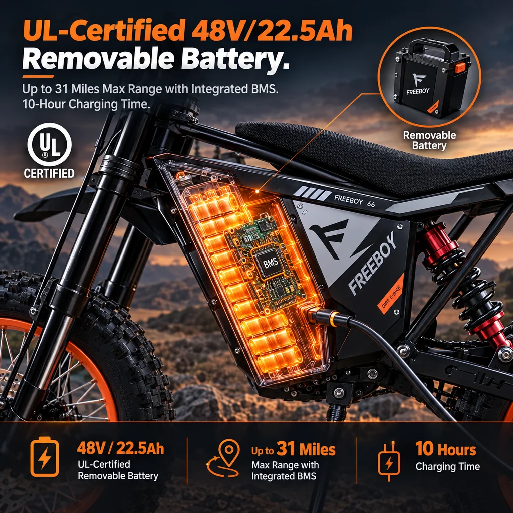 FREEBY 66 2000W Electric Dirt Bike, UL Certified 48V 22.5Ah Battery, 31 Miles Range Off-Road E-Moto, Dual Suspension, Hydraulic Disc Brakes, 34MPH