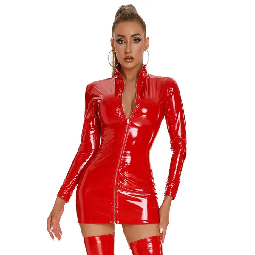 

Women Sexy Wetlook Leather Sheath Dress Female Erotic Porn Opening Crotch Bag Hip Skirt Glossy Shaping Latex Waist Mini Skirt