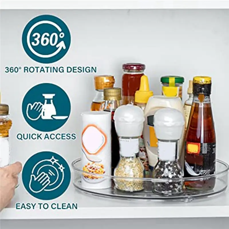 DT39 Plastic Turntable Kitchen Organizer 2 Pack PET Transparent 27cm+23.5cm 360° Rotation for Spice Cosmetic Fridge Cabinet