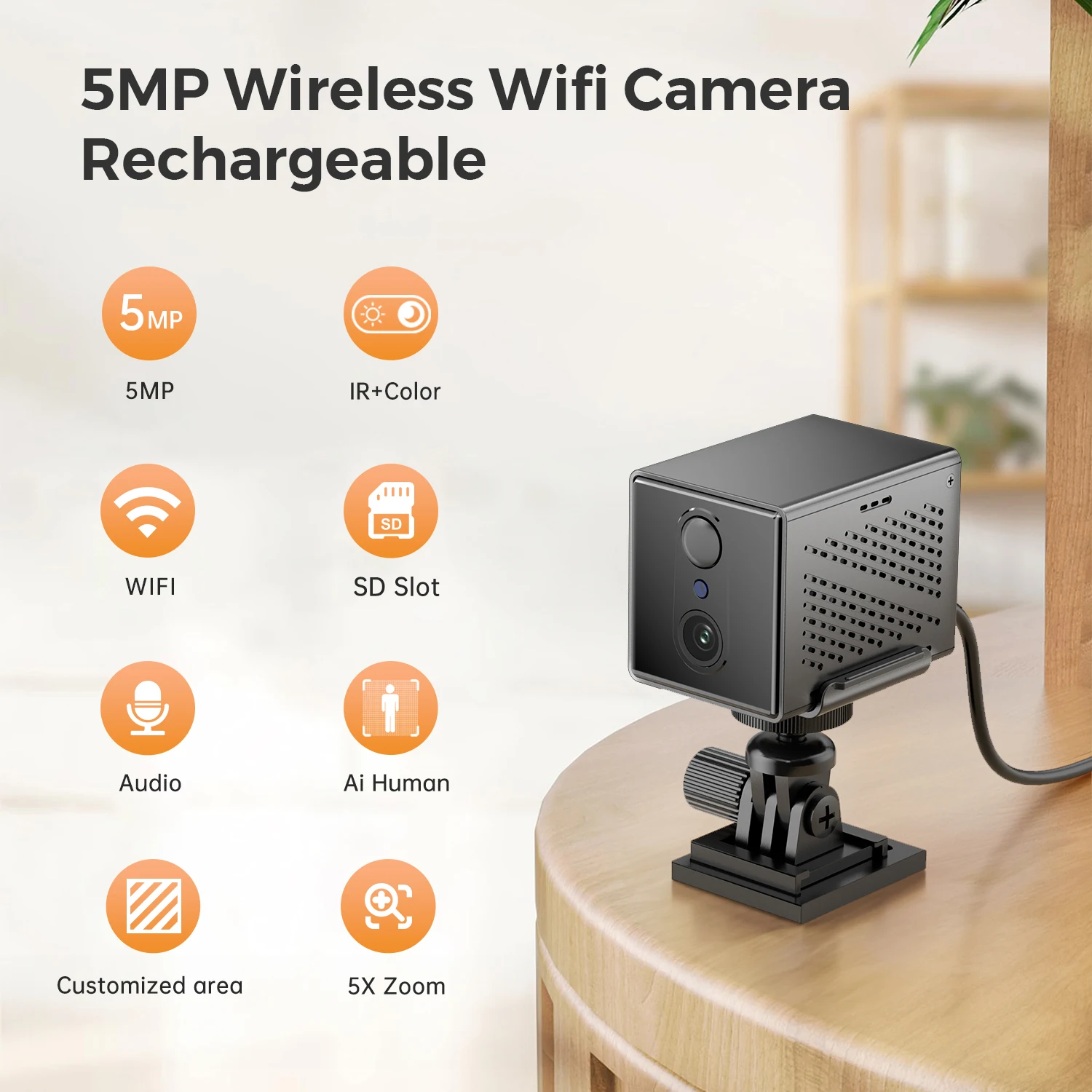 BESDER 5MP Mini Wifi Camera Built-in 2400mAh Rechargeable Battery Indoor Human Detect 5X Zoom Surveillance IP Camera O-Kam Pro