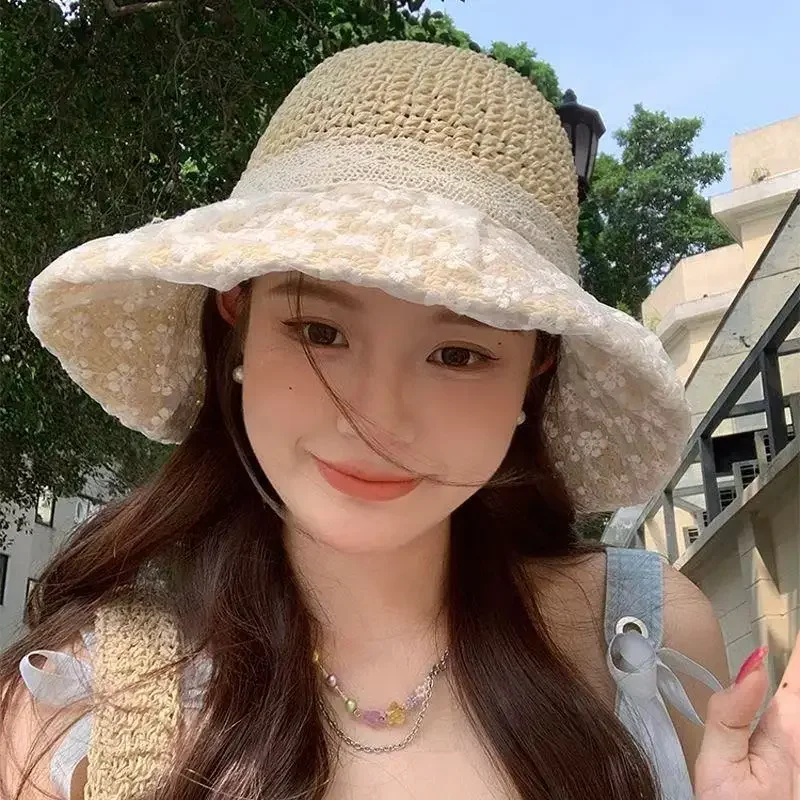 

Foldable Straw Hat Women Summer Wide Brim Hat Breathable Fisherman Boater Cap for Travel Beach UV