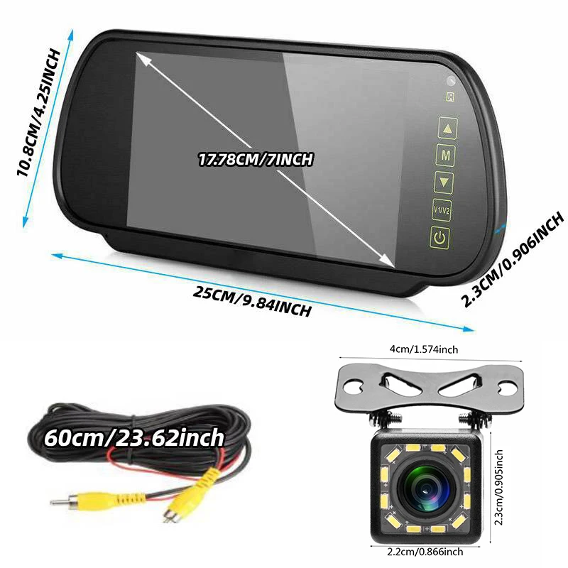 7inch Mirror Monitor with 12LED Backup Camera Set Universal Night Vision Parking Assistant for Truck Pickup Trailer Van Bus RV