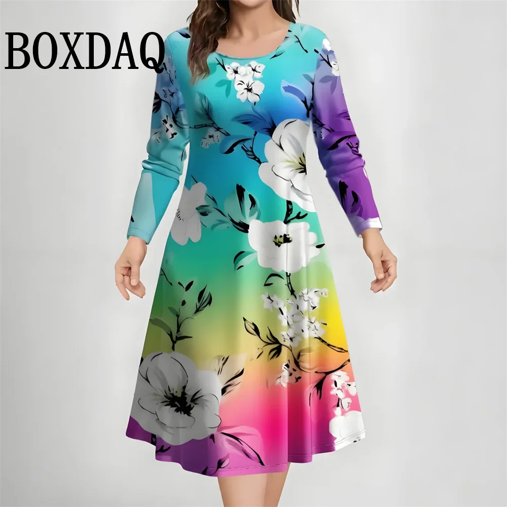 

Осенние модные женские мини-платья с круглым вырезом и длинным рукавом с градиентным цветочным принтом, элегантные женские платья, одежда больших размеров 9XL