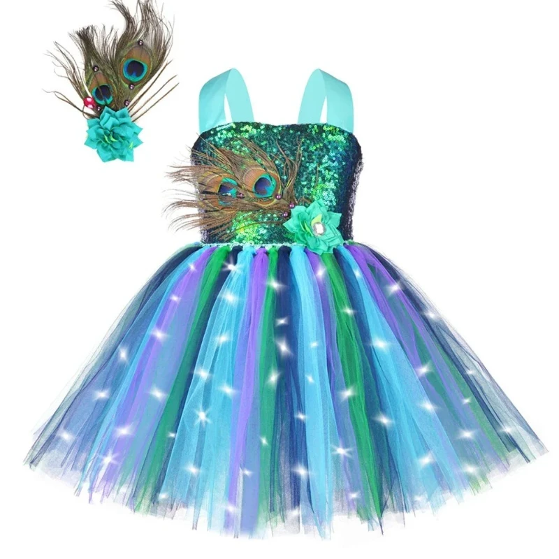 

LED peacock performance clothes for girls, tulle tutu dress decorated with sequined flowers and feathers, Halloween party gown