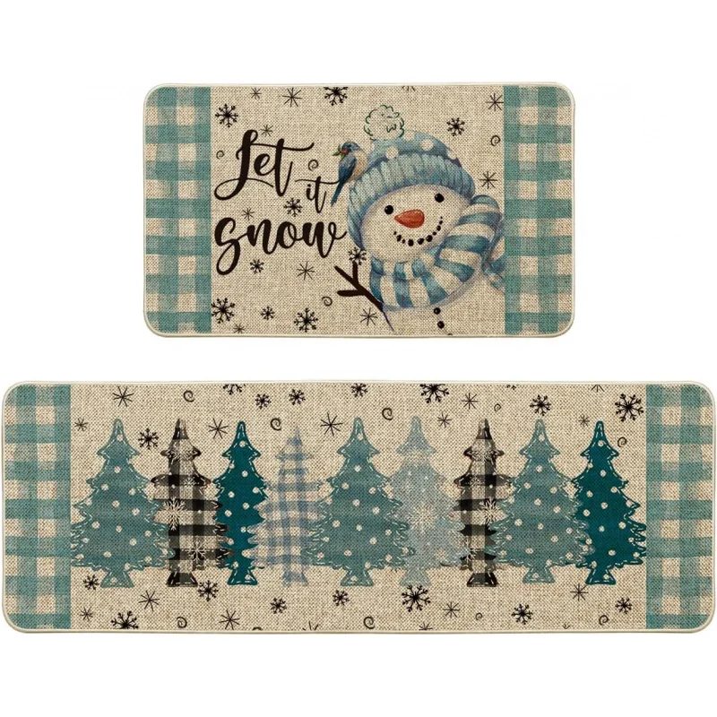 

Blue snowman Christmas tree kitchen floor mat 2-piece set Winter home decoration door mat 16inx24in 17inx47in