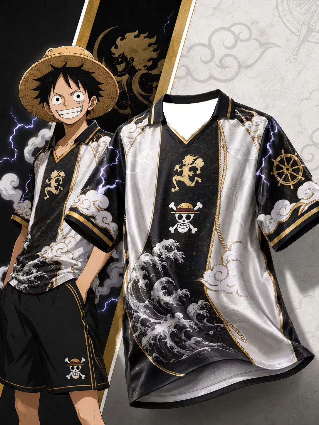2026 Nueva Camiseta Temática de One Piece Anime Maillot Estilo de Vida Coleccionista Col V Luffy Jersey Blanco Negro Dorado Moda de Verano Tops de Cosplay