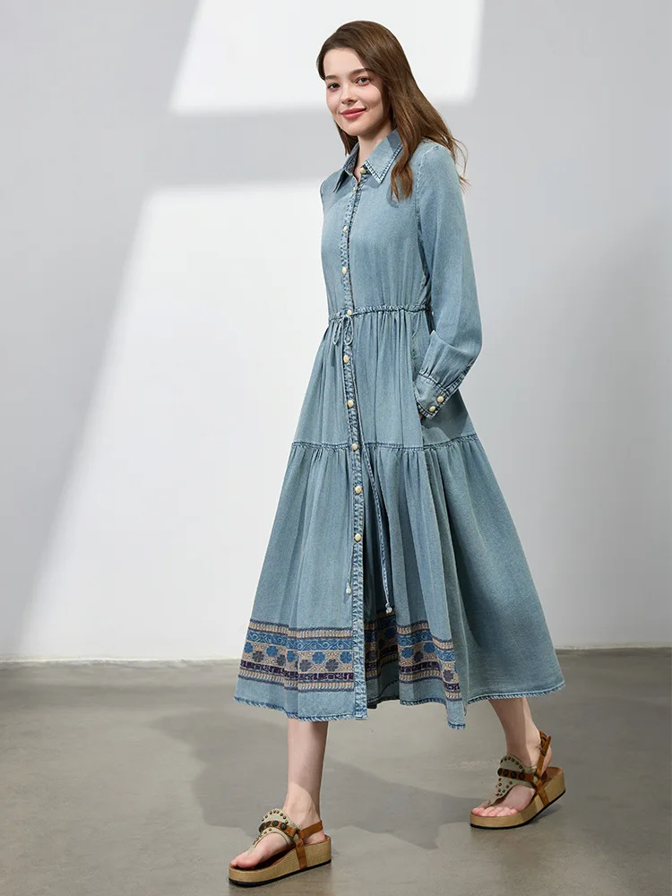 Ladies Elegant A-line Shirt Dress New Arrival 2025 Spring Vintage Style  Embroidery Single Breasted Women Casual Dresses M1348