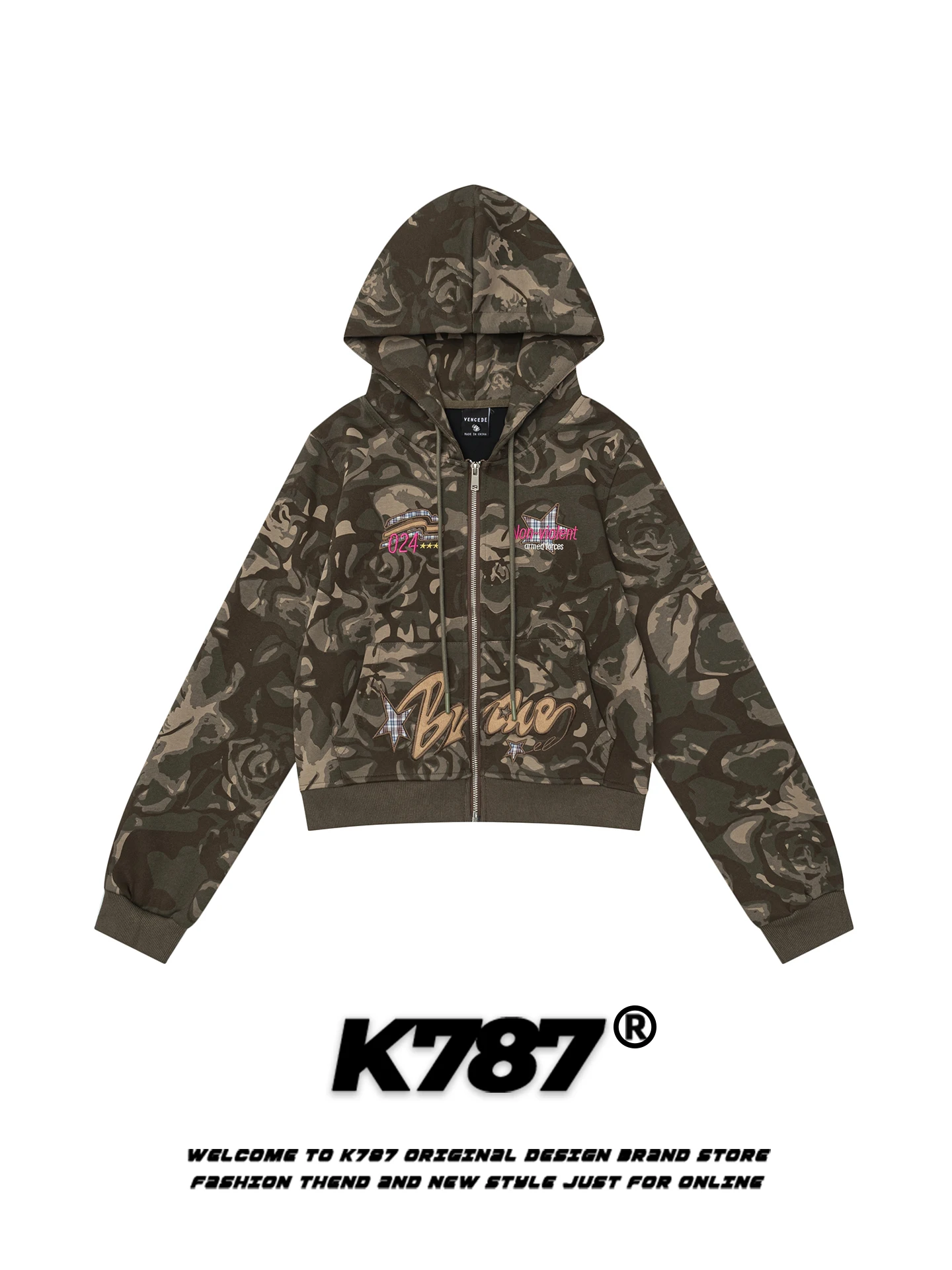 

K787 American Retro Camouflage Star Embroidery Hoodie Women's Spring Casual ort Zipper Jaet Street Sle Warmth Protection