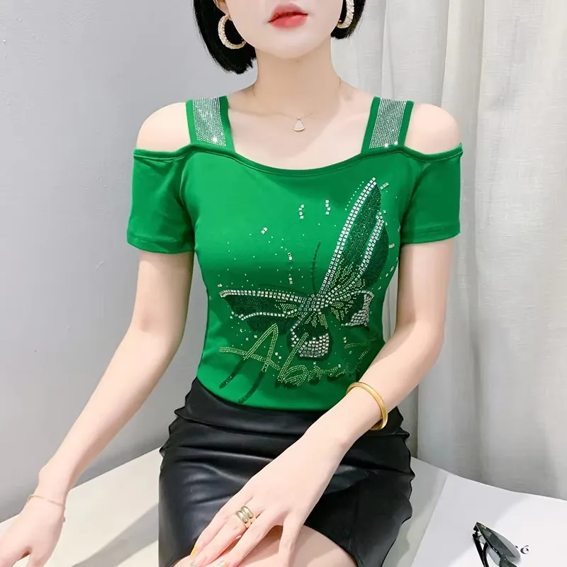 Fashion Luxury Hot Diamonds T-shirt Women's Chic Sexy Off Shoulder Short Sleeve Tees Summer Elegant Female Slim Top Blouse