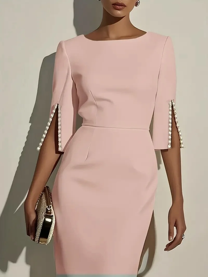 Neue Einfarbig frauen Kleid Elegante Modische Frühling Sommer Rundhals Einfache Hülse Mit Drei Vierteln frauen Kleid