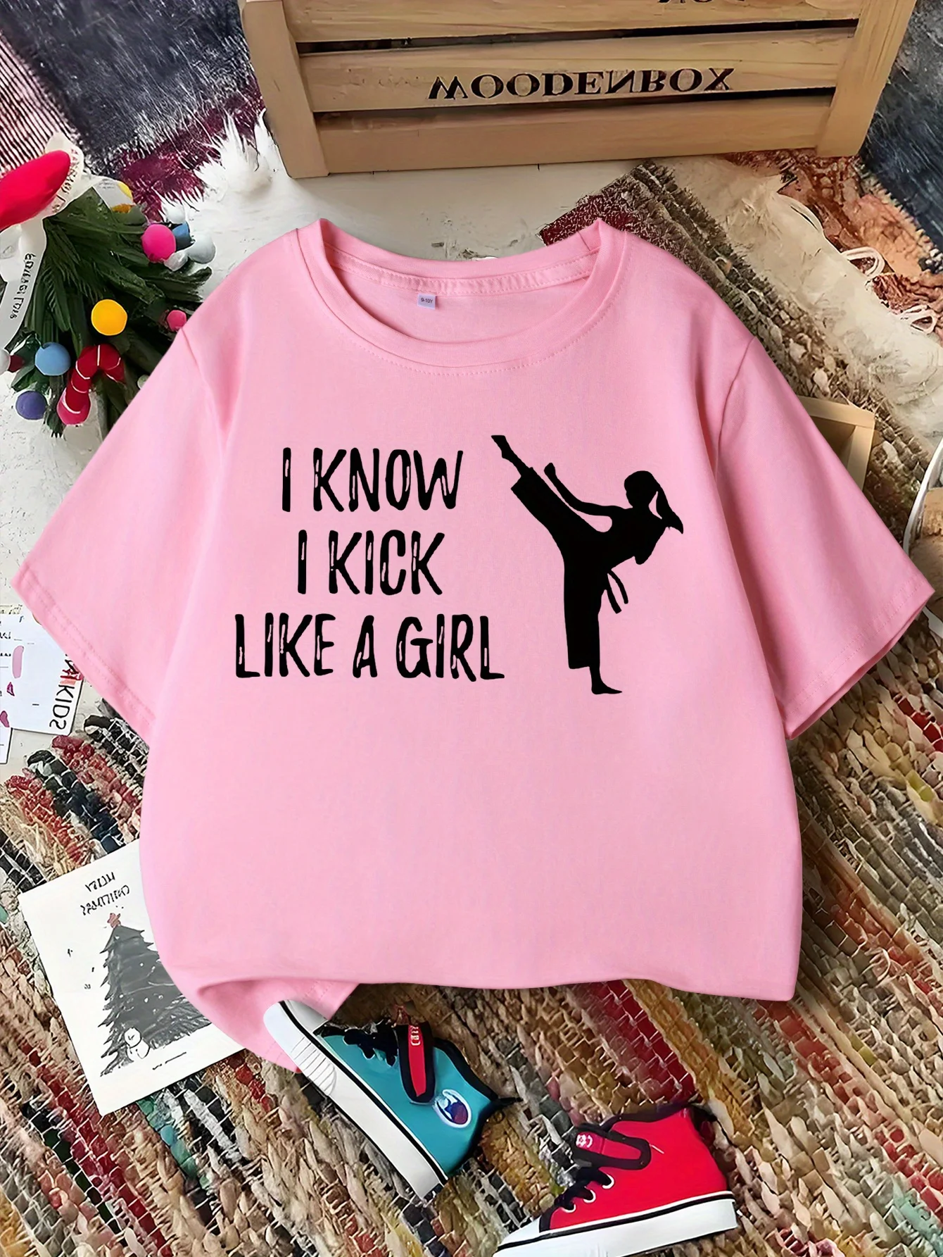 Karate Girl Slogan Silhouette Print Boy Girl Short Tee Parent Match Soft Cotton Kids Inspirational Daily Casual Fashion T Shirts
