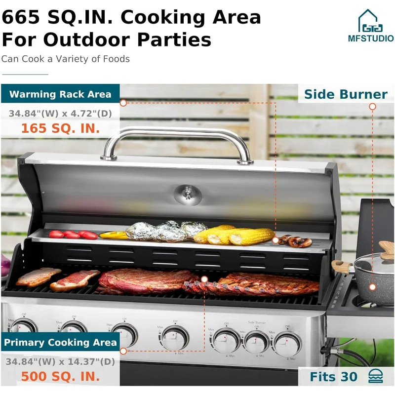 MFSTUDIO 6-Burner Propane Gas Grill, Stainless Steel BBQ Grill with Side Burner and Porcelain-Enameled Cast Iron Grates