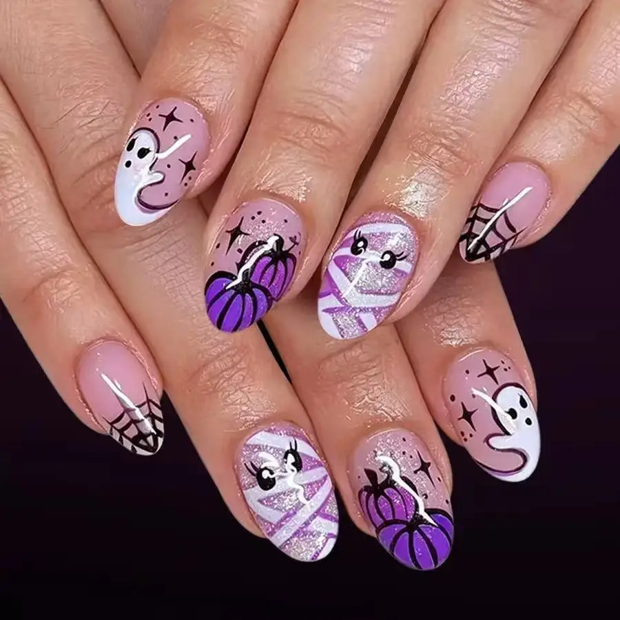 24pcs Cute DIY Press On Nails Halloween Ghost Print Almond Shape Fake Nails For Women Girls Daily Party Wearing