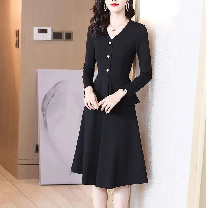 Spring Autumn Solid Color Fake Two Pieces Midi Dress Wome V-neck Long Sleeve Button Dresses Vintage Elegant All-match Vestidos