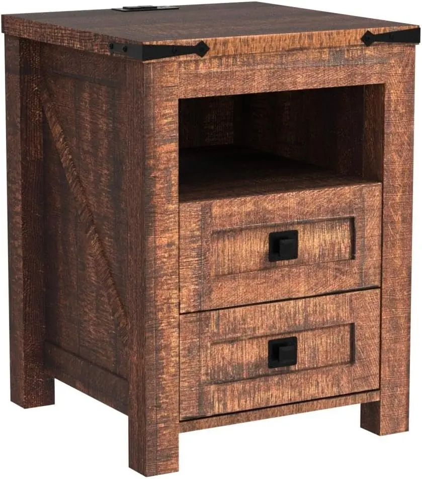 

Nightstand with Charging Station, End Table, Side Table with 2 Drawers Storage Cabinet for Bedroom, Living Room,Farmhouse Design