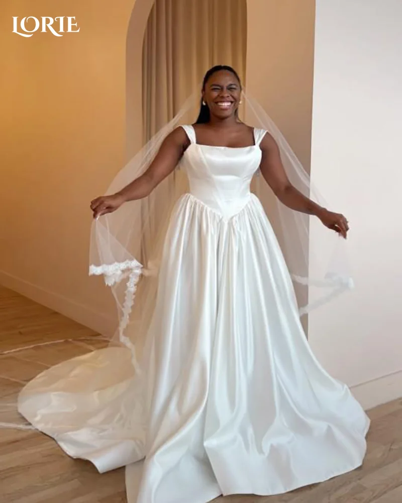 LORIE Satin Modern Wedding Dress Squared Neck 3D Flower A-Line Princess Bride Gown Customized Plus Size Tulle Party Dresses 2027