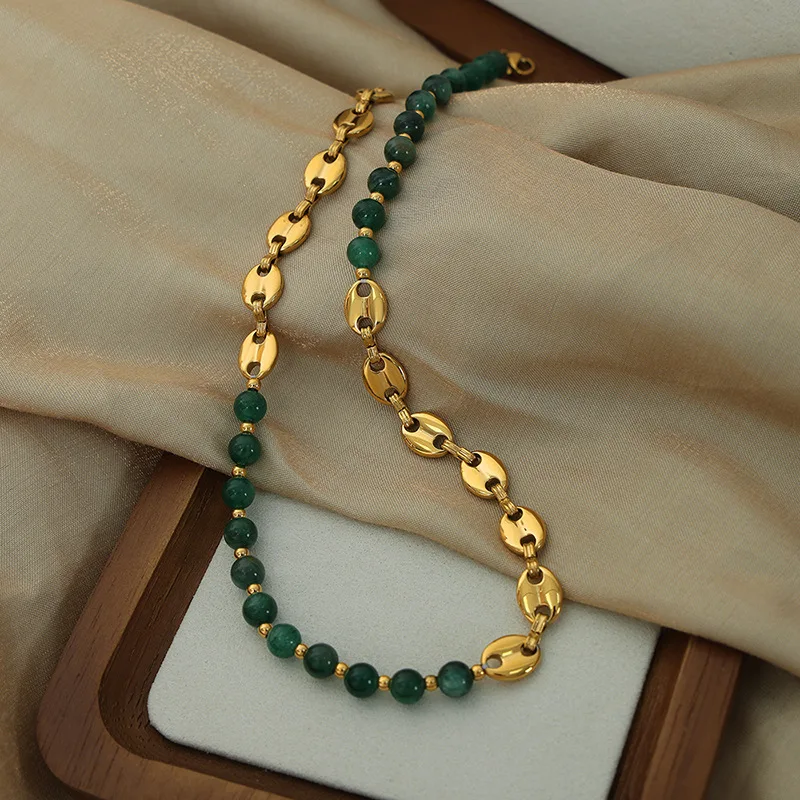 Nivora Stainless Steel Pig Nose Braided Chain Necklace For Women Green Agate Tiger\'s Eye Stone Beaded Charm Choker Women Jewelry