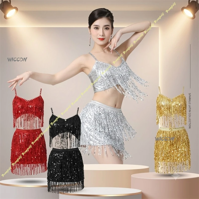 ダンスドレス-ラテン-女性用-スパンコール-タッセル-キャミソール-トップ-ラテンダンス衣装-サルサ-サンバ-フェスティバル-パフォーマンス-ステージウェア