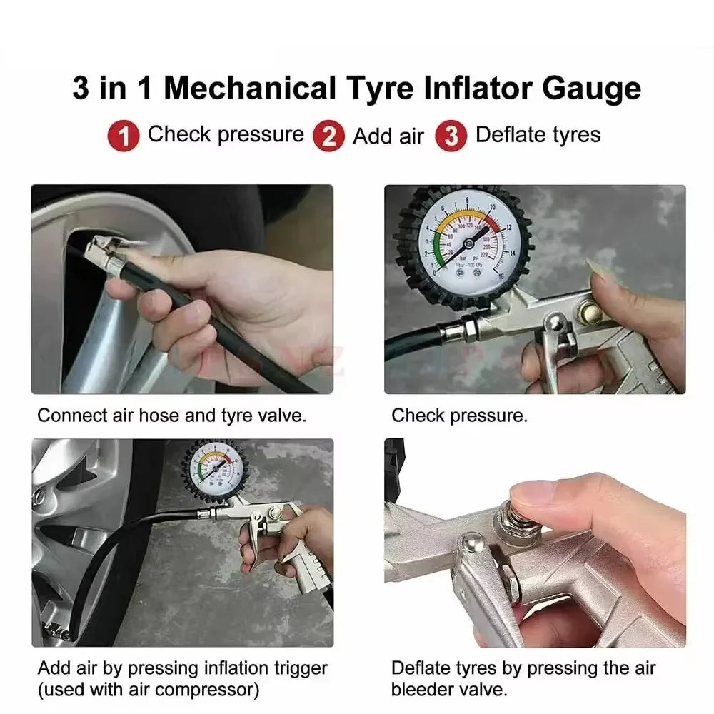 220Psi 16Bar Car Tire Pressure Gun Digital Air Pressure Gauge Multi-Function Tire Inflator Monitor Tool for Air Compressor