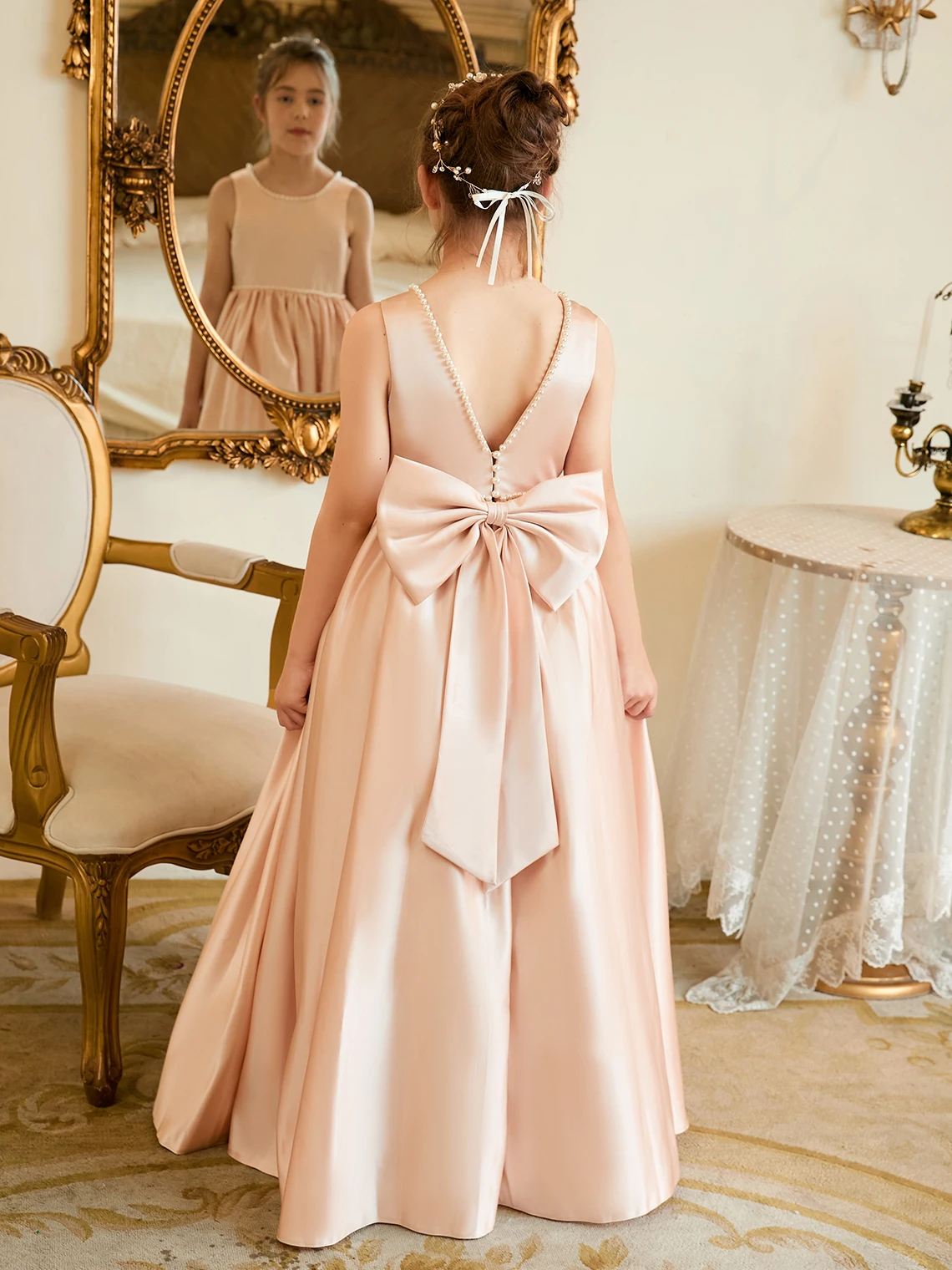 Robes de demoiselle d'honneur en satin rose fibre A-ligne pour mariage, encolure dégagée, nœud boutonné au dos, fête d'anniversaire pour filles, quoi que ce soit avec des perles