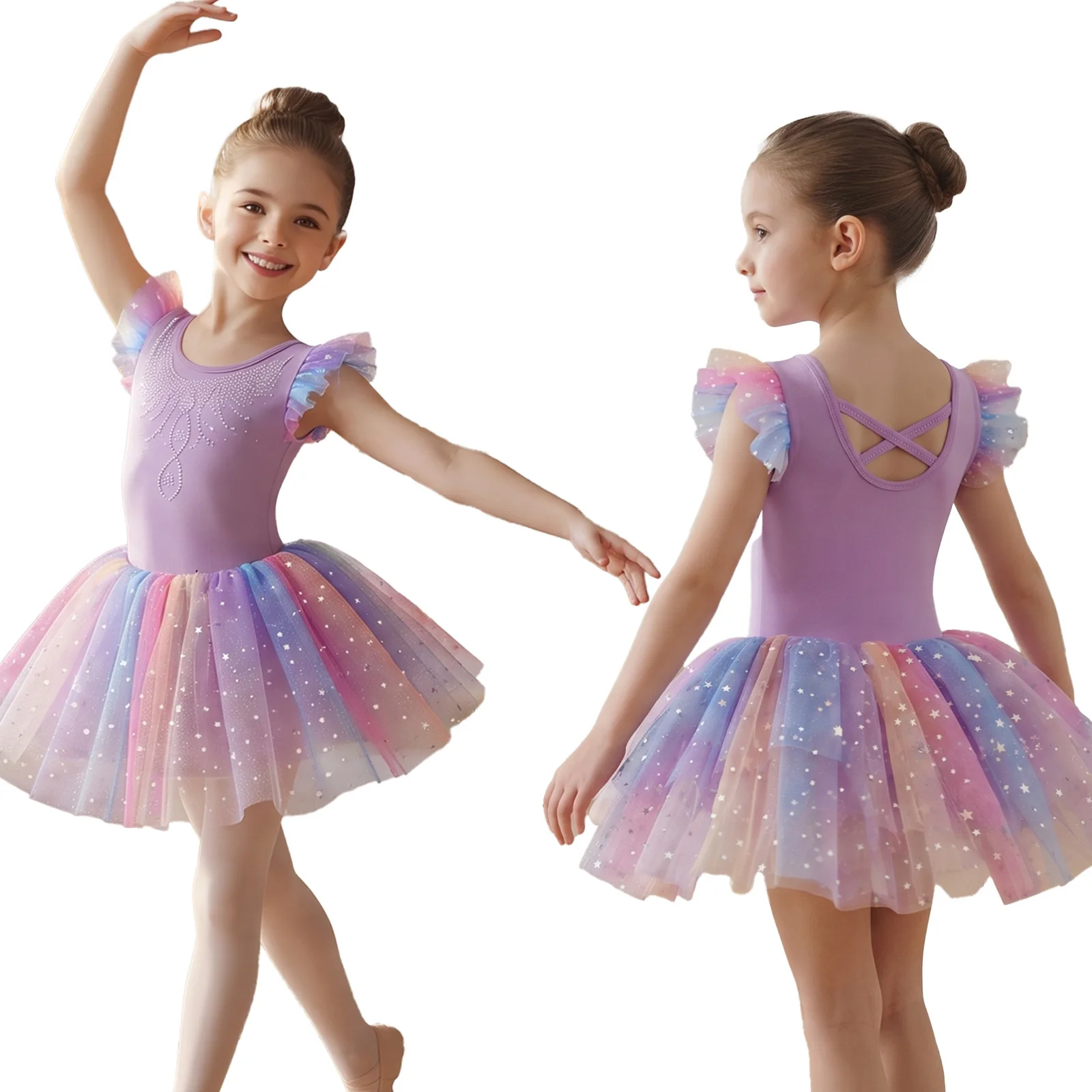 Kids Girls Ballet Dance Tutu Dress Flutter-sleeve Cross Back Shiny Rhinestone Bodice Sequin Tulle Dress for Practice Performance