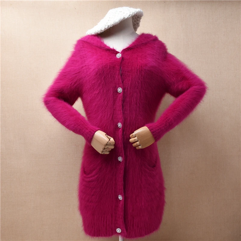 04 Ladies Women Fall Winter Clothing Pull Rose Angora Rabbit Hair Knitted Hooded Slim Long Sweater Cardigans Jacket Sweater