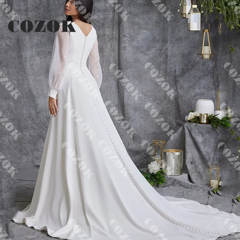 Gaun pernikahan lengan panjang kerah V sederhana gaun pengantin ritsleting panjang A Line elegan Satin gaun pengantin Robe De mariee kustom Y84W