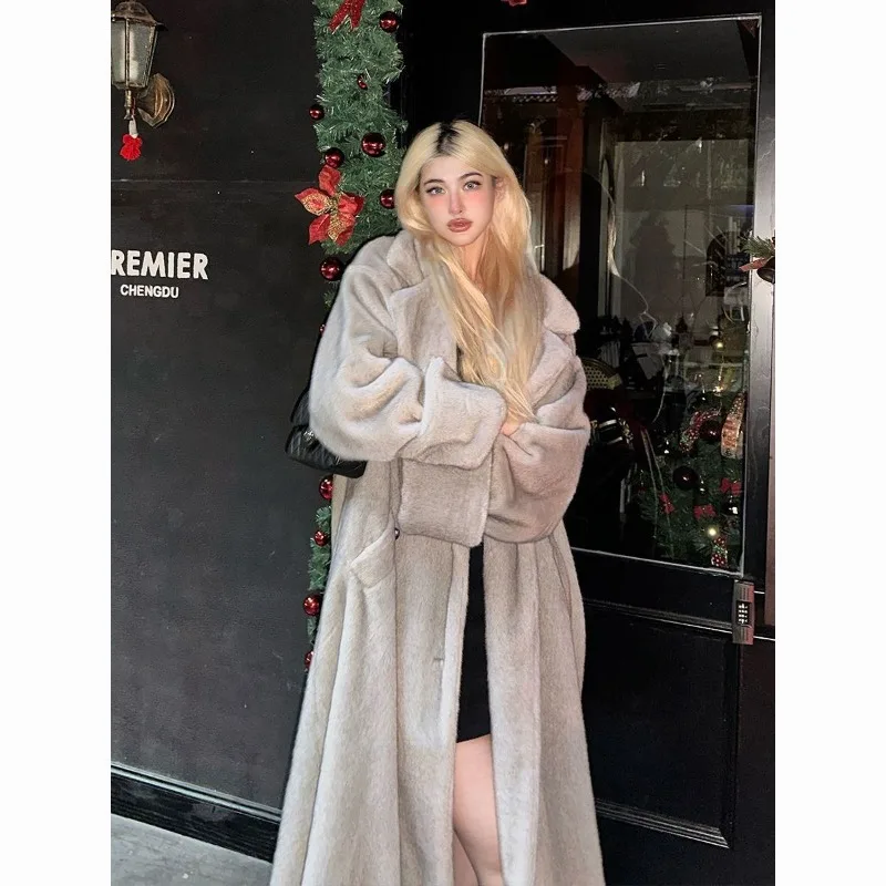 

Новое экологически чистое меховое длинное норковое пальто 2025, зимнее новое однотонное свободное меховое женское пальто в европейском и американском стиле