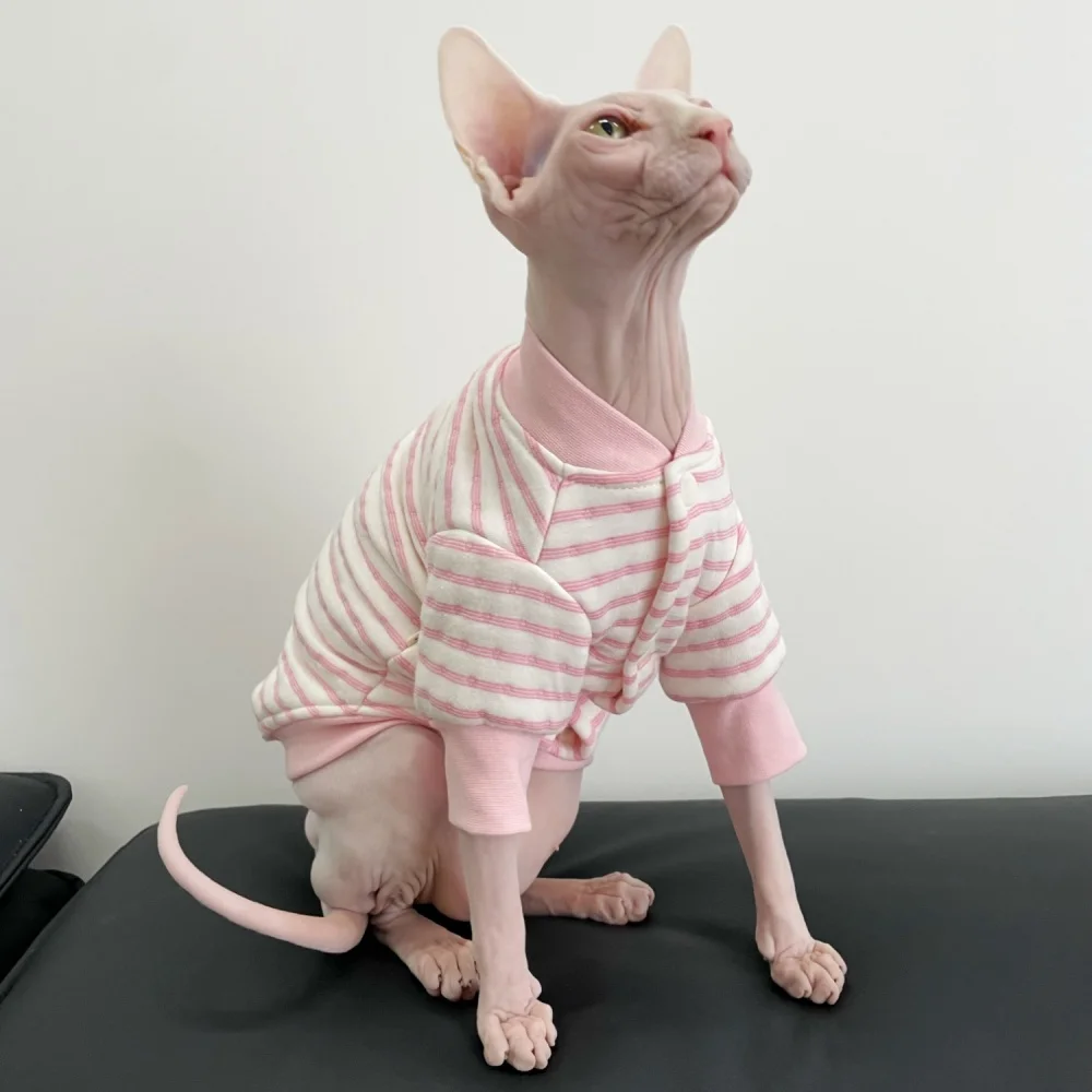 Pink Striped Cotton Jacket for Hairless Cat Soft Baseball Uniforms for Sphynx Cat Beige Spring Winter Coat For Kittens Puppies