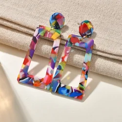 Bohemian Colorful Acrylic Trapezoid Drop Earrings For Women Geometry New Fashion Round Statement Earrings Party Big Jewelry Gift