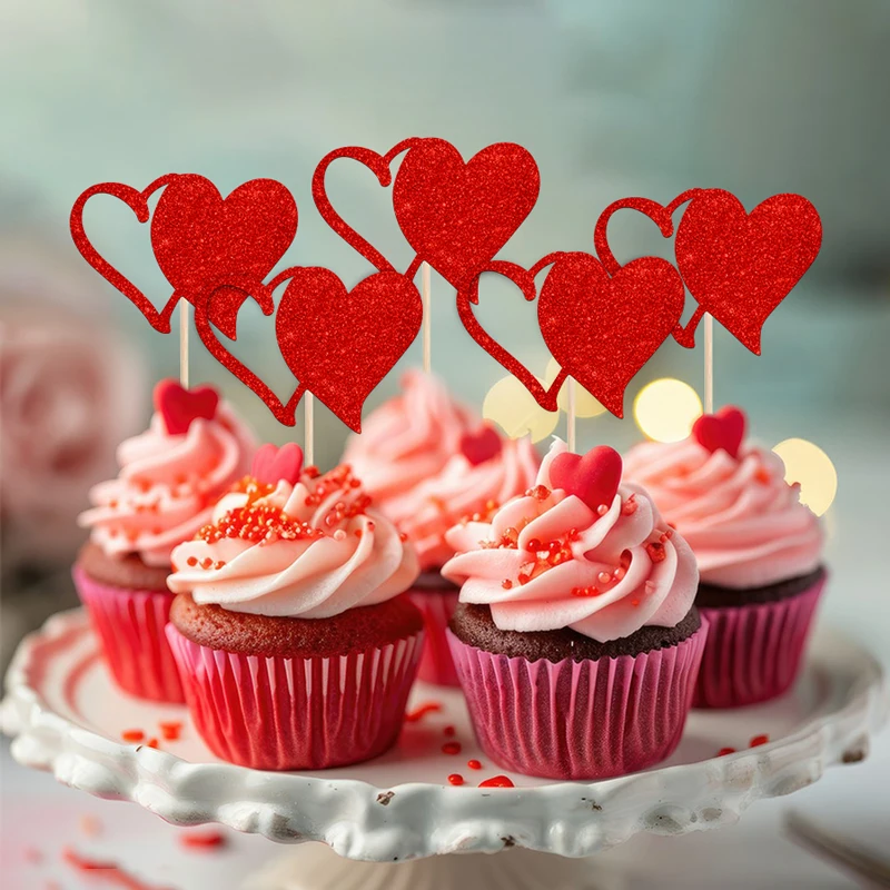 YOMDID 24 Teile/satz Valentinstag Cupcake Topper Rot Liebe Glitter Party Kuchen Dekorationen für Geburtstag Hochzeiten Verlobungen – Detail 8