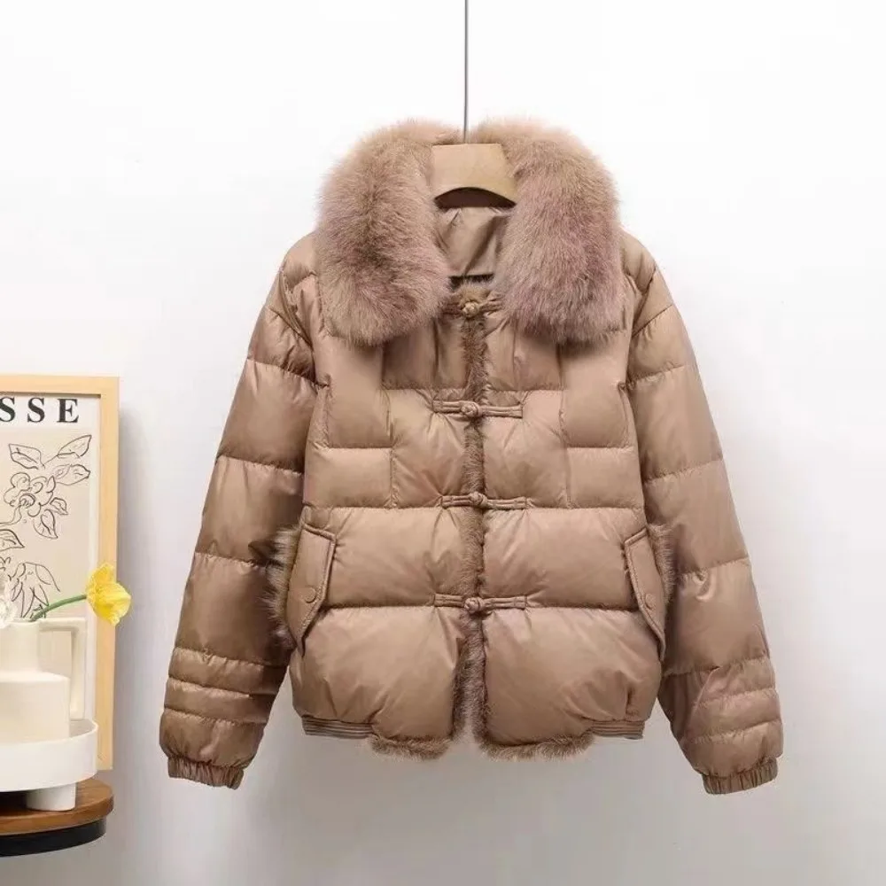 2025 السيدات الشتاء النساء قصيرة معطف منتفخ دافئ سترة فضفاضة الإناث سترة ملابس خارجية خمر بطة بيضاء أسفل سترة فرو الثعلب الحقيقي #4