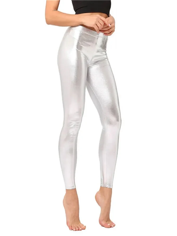 Fashion European Style Silver Bright Leather Nine-point Pants New High Elastic Imitation Leather Solid Color Leggings Women