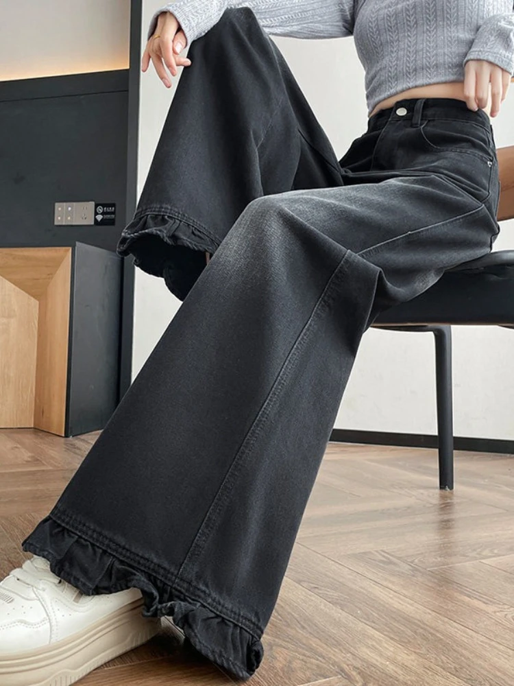 

Lotus leaf trim wide leg jeans women in autumn 2025 black and gray pear shaped splicing fashion street flared pants