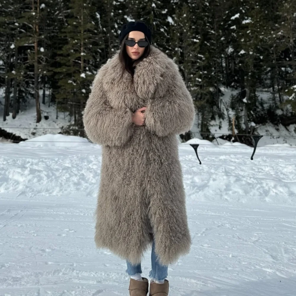 MENINA سترة فرو الأغنام المنغولية للنساء لخريف وشتاء 2025 ملابس علوية موضة سميكة ودافئة معطف فرو حقيقي بأكمام طويلة للسيدات