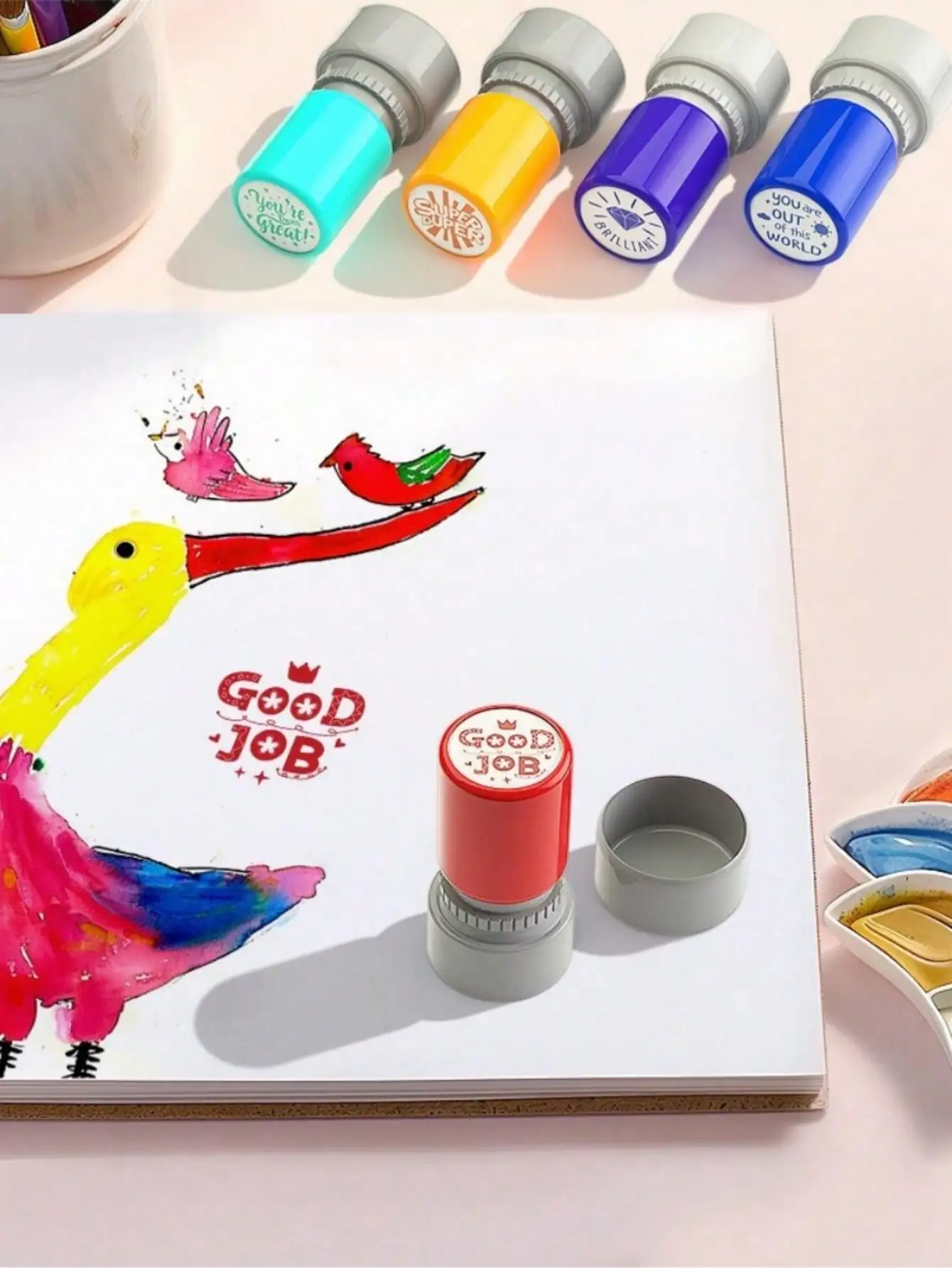 5pcs Teacher Comment Stamp Set – 5-Color Automatic Ink Encouragement & Signature Seals