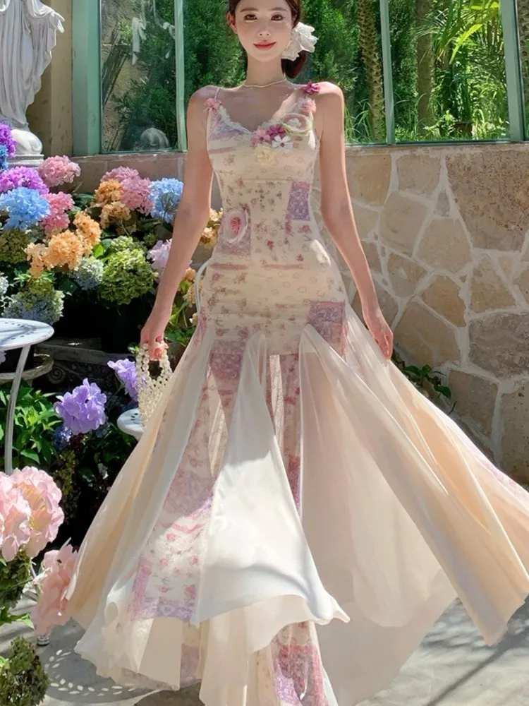 

Woman French Print Flower Evening Party Dresses Elegant Spaghetti Strap Mermaid Dress Sweet Bodycon Evening Party Clothes New