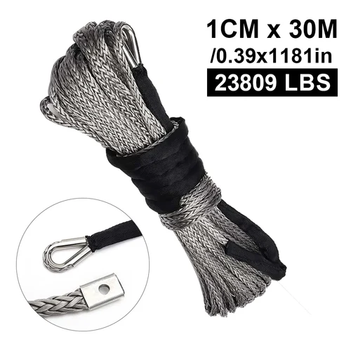 2/5 ""x 100 pies 23000LBS línea de cuerda de cabrestante sintético para coche Cable de recuperación gris 4WD ATV cuerda resistente envuelta en un bucle 10MM x 30M