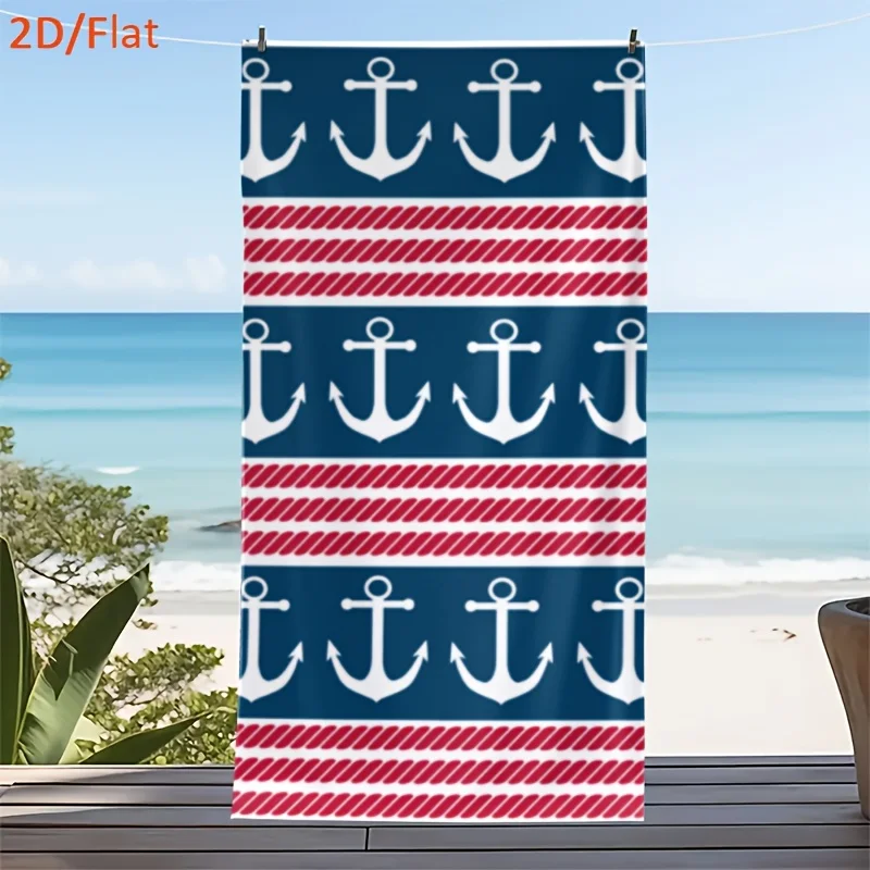Nautical Anchor Stripe Beach Towel, Soft Microfiber Quick Dry Oversized Bath Towel, Coastal Summer Pool Blanket 1pcs