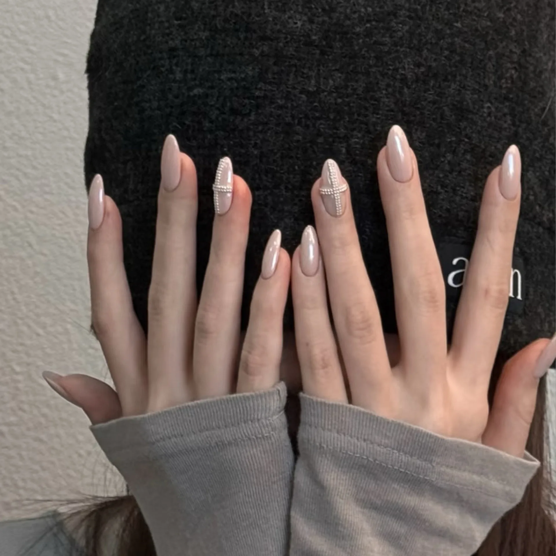 10pcs Pink French False Nails Handmade Press On Nails With Cross_voghion.com