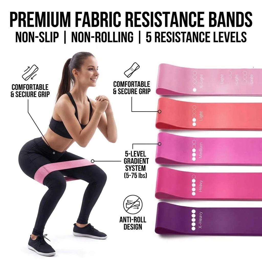 5 counts  Gradient Resistance Bands Set - Premium Non-Slip Fabric Booty Bands for Gym & Home Workout, Elastic Loop Fitness Bands for Glutes, Legs, Butt Activation