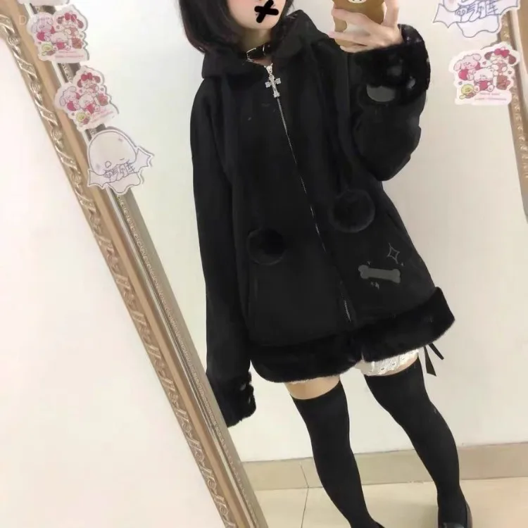 Y2k Fashion Black Cat Plaid Patchwork Jackets 2026 Autumn New Thicked Warm Tops Mujer Y2k Loose Long Sleeve Zipper Tops Mujer