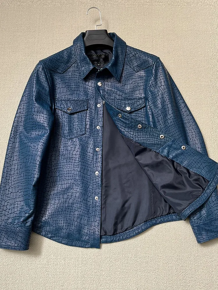 Men Spring Crocodile Pattern Real Sheepskin Genuine Leather Jacket Business Work Casual Single Breasted Natural Leather Coat 5XL view 2