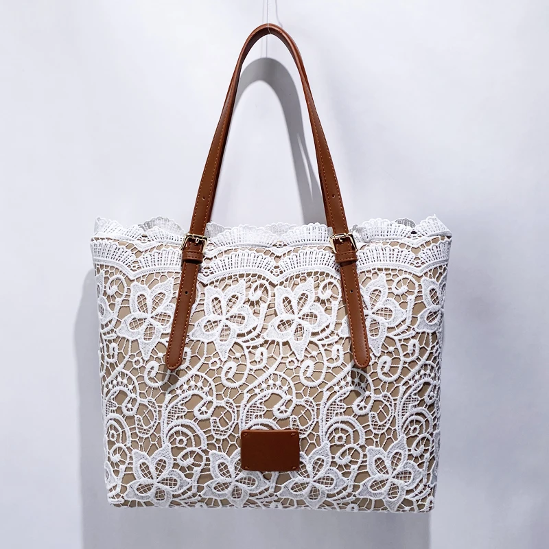 Chinese Style Lace TTote Bags For Women Luxury Designer Handbag And Purse 2024 New In PU Flower Large Capacity Underarm Shoulder