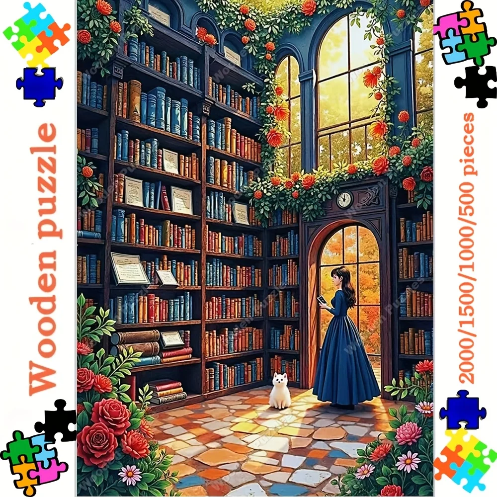 2000/1500/1000/500 قطعة ألغاز خشبية للبالغين - مشهد مكتبة نابض بالحياة مع الكتب والنباتات والنوافذ المضاءة بأشعة الشمس - مثالية للمنزل O